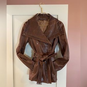 Beautiful brown Andrew Marc asymmetrical leather jacket